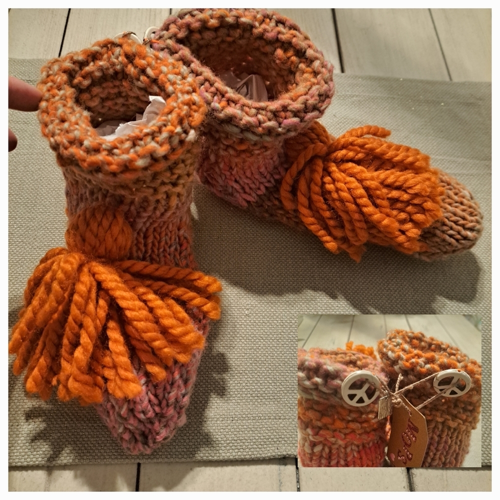 MOPS Orange and Pink Handmade Crocheted Slipper/Socks With Peace Signs